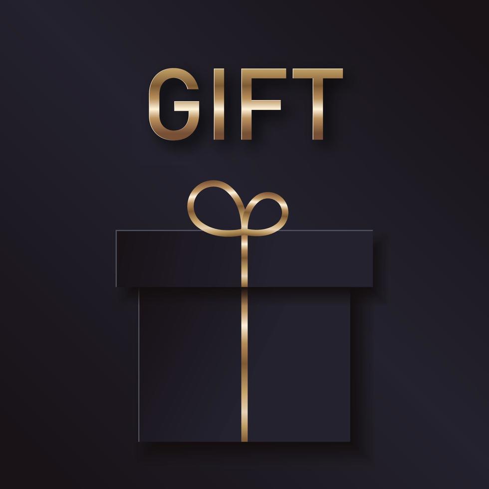 diseño premium con regalo de texto dorado y regalo de caja negra con cinta sobre fondo oscuro para vale de regalo o tarjeta vector