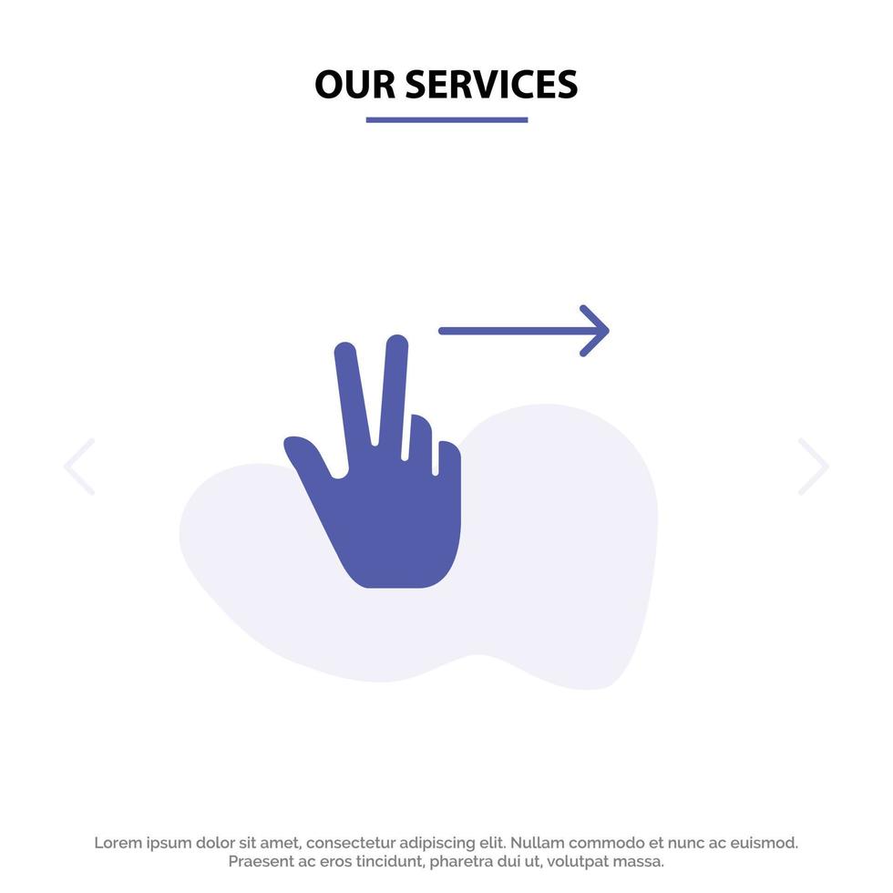 nuestros servicios dedos gesto derecho glifo sólido icono plantilla de tarjeta web vector