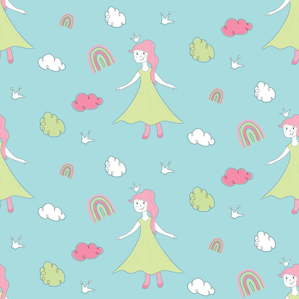 Little Princess Cute seamless Pattern with clouds and rainbow vector