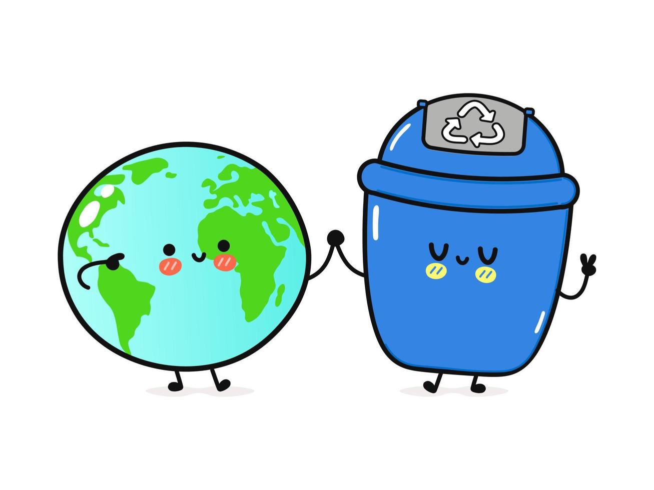 Cute happy planet Earth and trash can card. Vector hand drawn doodle style cartoon character illustration icon design. Happy planet Earth and trash can Eco friendly concept card