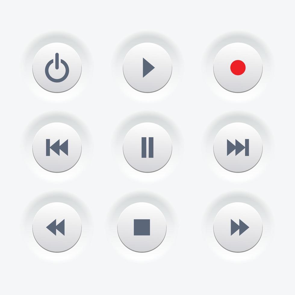 Media player control white round buttons ui icon set vector