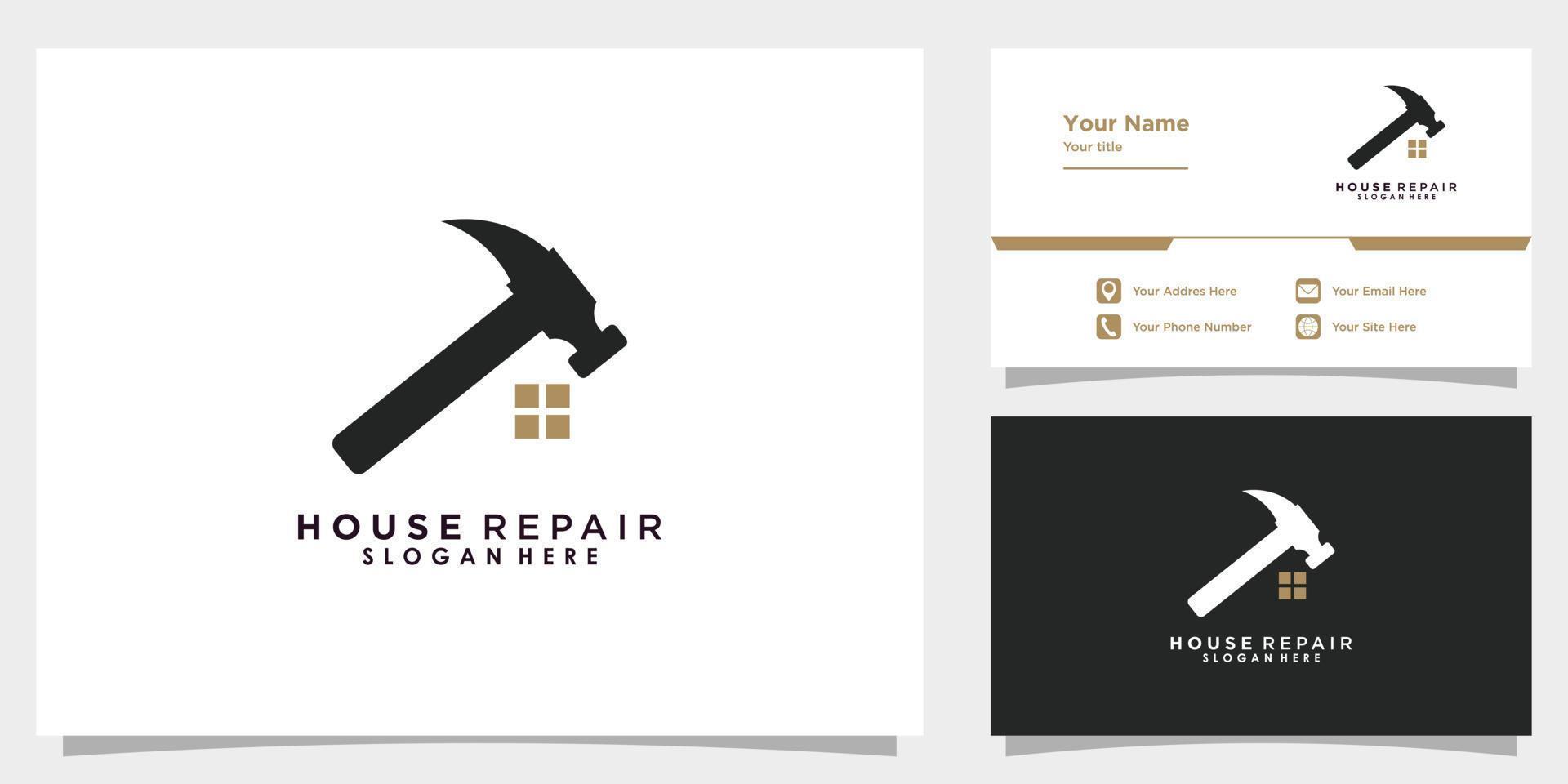 house repair logo design vector with hammer element icon and business card template