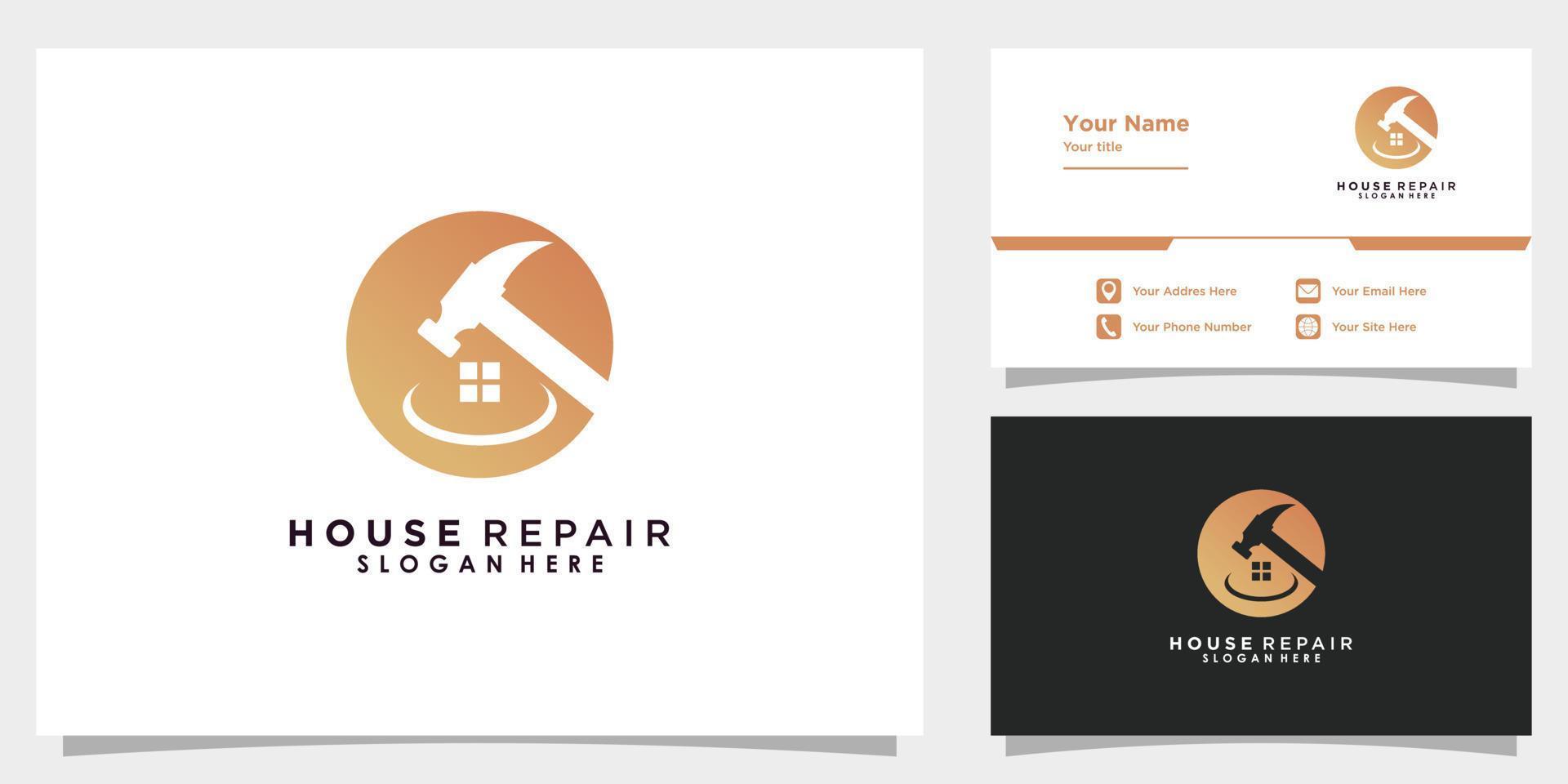 house repair logo design vector with hammer element icon and business card template