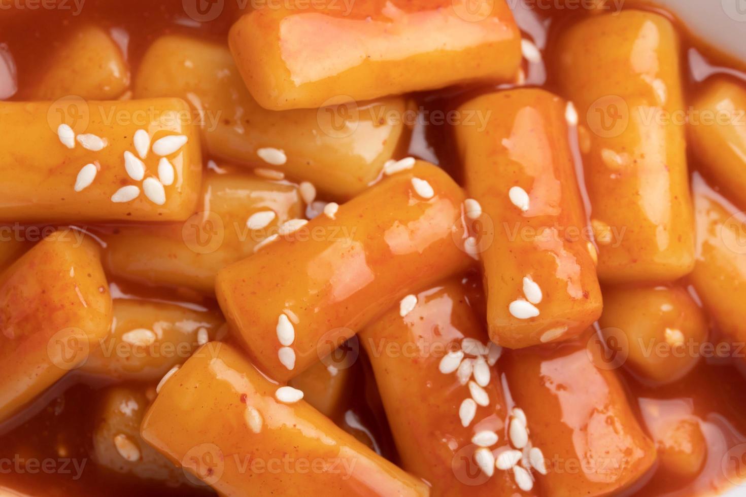 deep fried Korean rice cake tteokbokki, spicy tteokbokki, Korean style food. photo