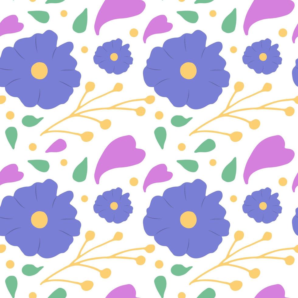Seamless pattern with purple flowers and hearts, green leaves and twigs. Vector illustration