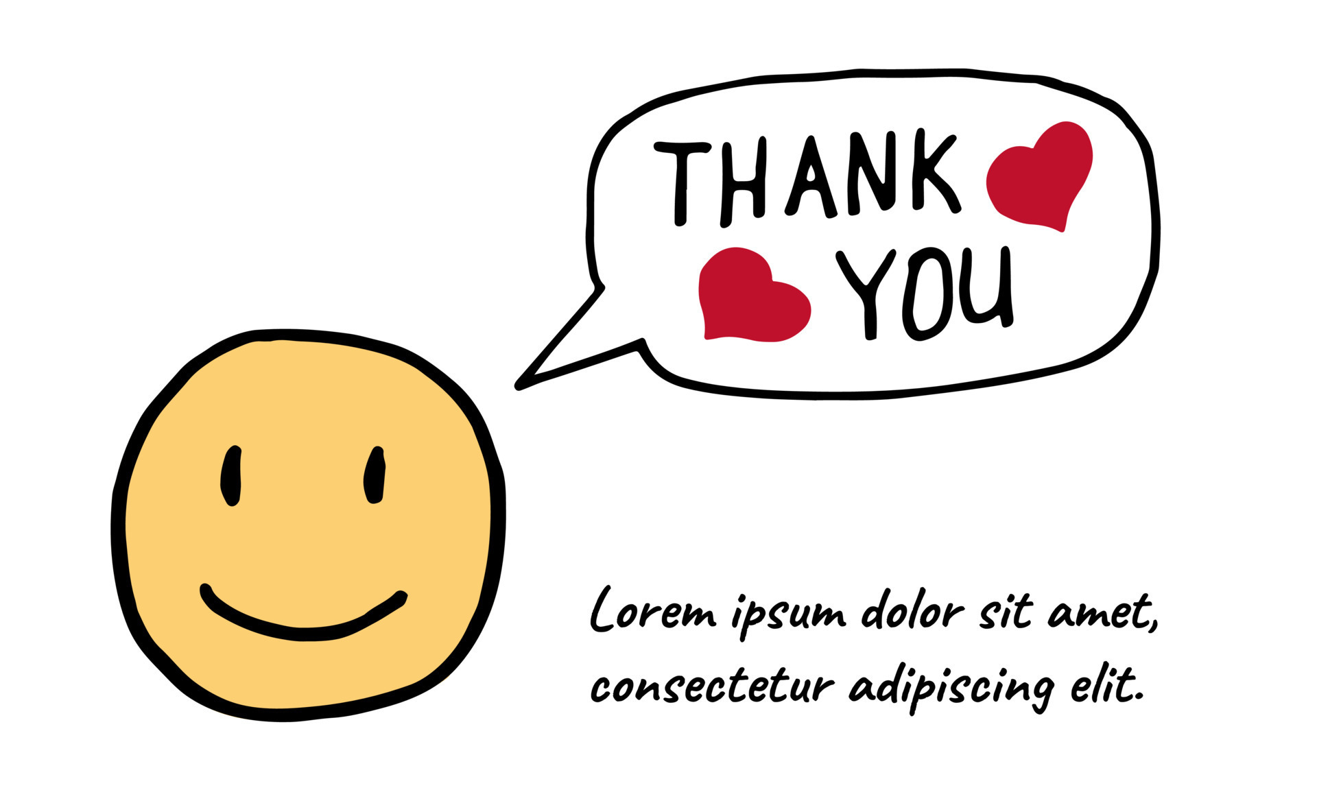 Postcard with area for text with emoticons and thank you sign. Red