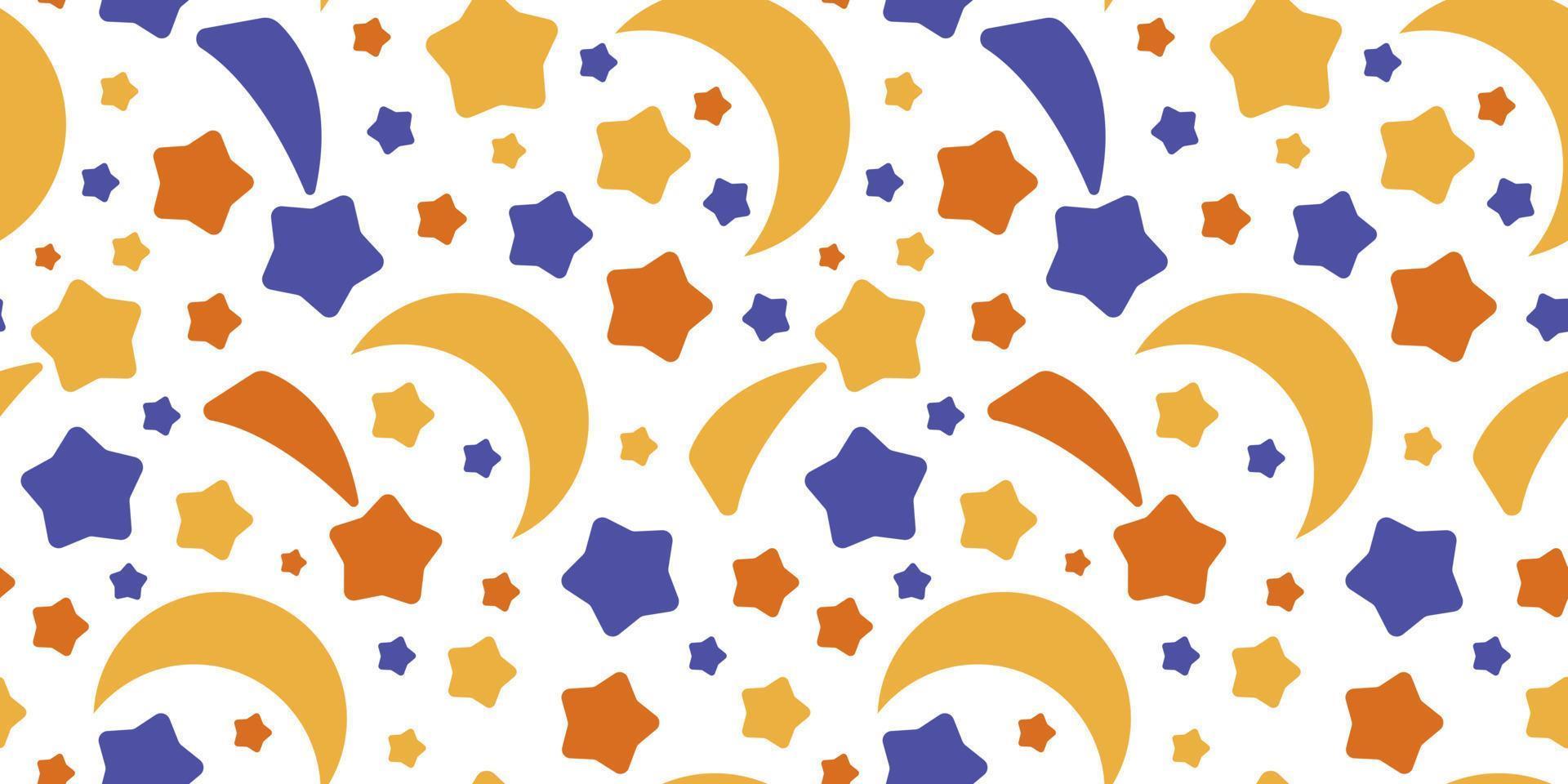 Seamless pattern with moon and stars. Yellow, blue and orange colors. Vector illustration