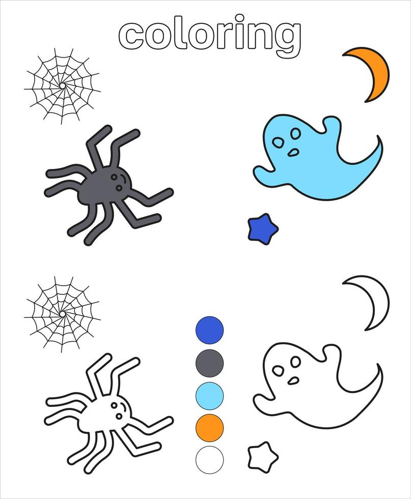 página para colorear para niños fantasmas blancos mosca y araña. ilustración vectorial vector