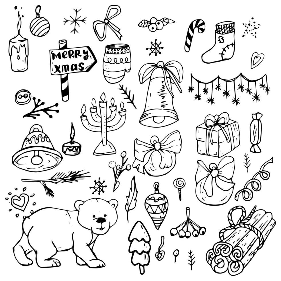 Winter season themed doodle set - snowflakes, icicles, classic ornaments, knitted wear, winter sports. Freehand vector drawings isolated over white background.