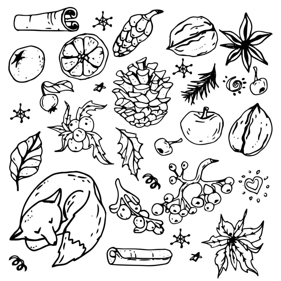 Set of winter doodles with lettering. Hand drawn vector collection of isolated elements, objects and icons.