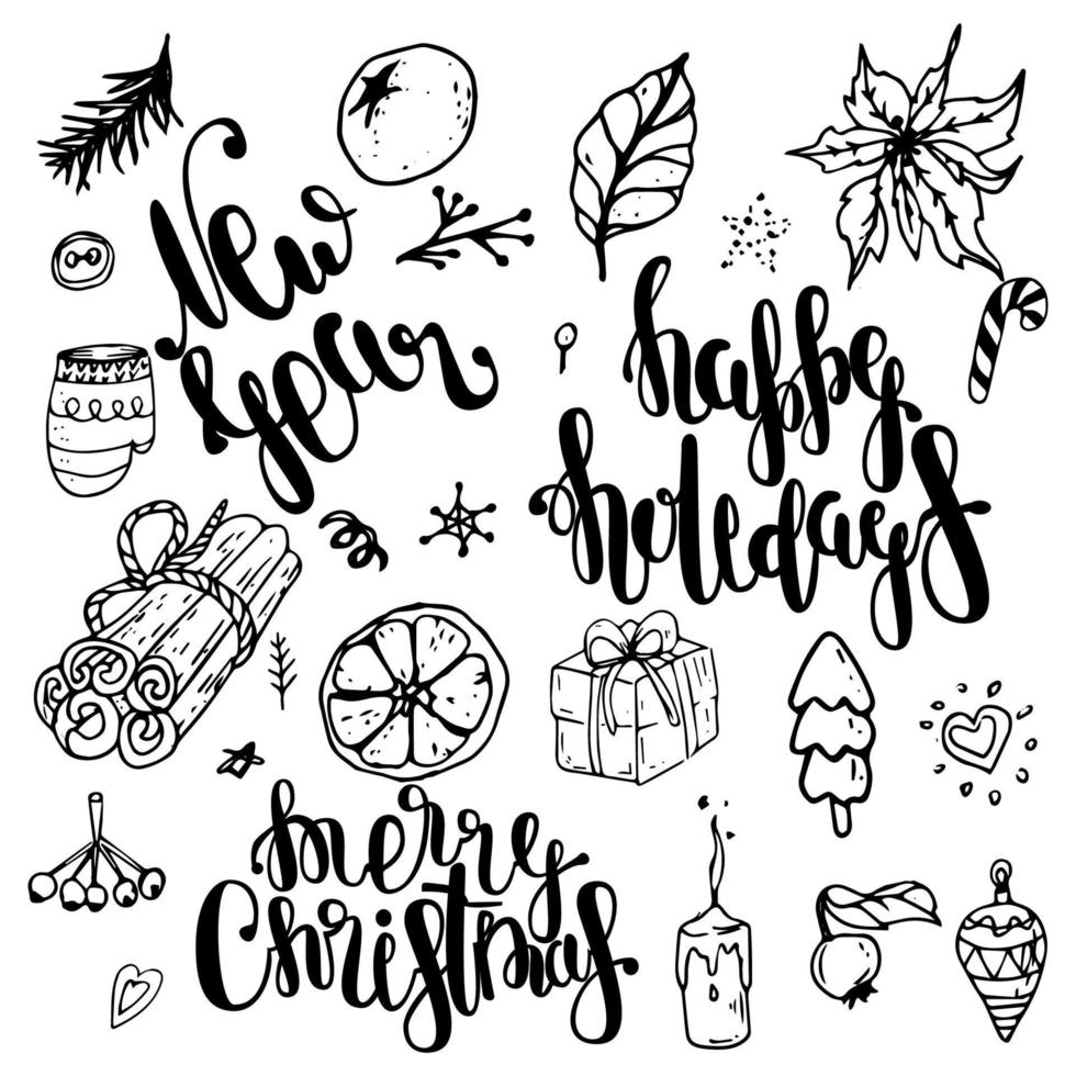 Vector set of hand lettering new year quotes - happy new year and numbers, written in various styles.