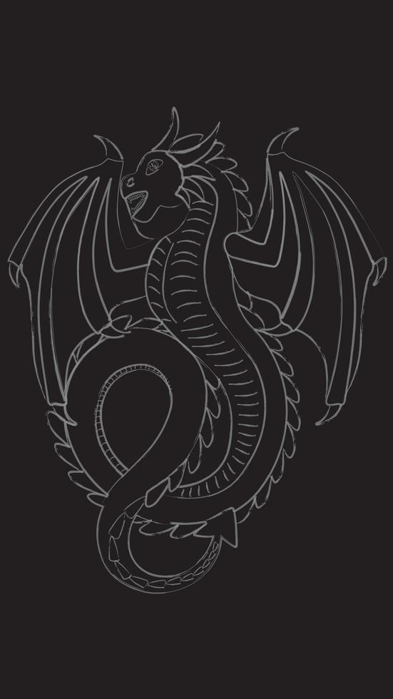 Black and white flying contoured dragon vector illustration