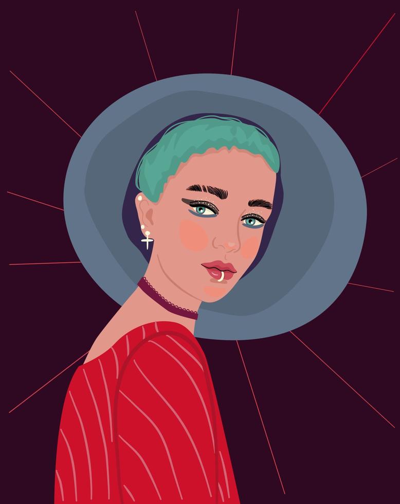 Young hipster woman with short green hair and hat. Beautiful girl portrait. Pierced lips and ears. Authentic portrait of young adult female. vector