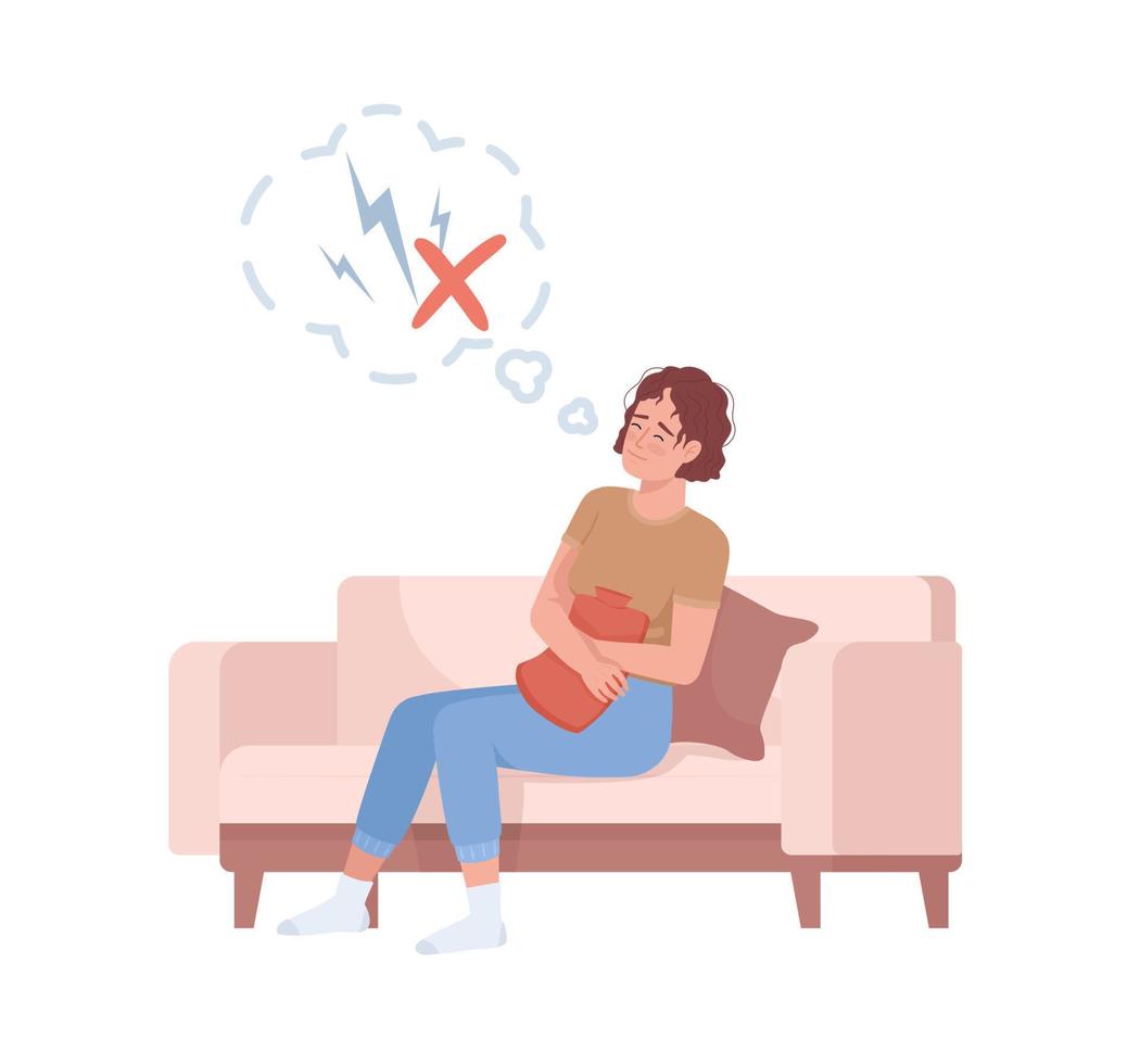 Woman dealing with painful menstruation semi flat color vector character. Editable figure. Full body person on white. PMS simple cartoon style illustration for web graphic design and animation