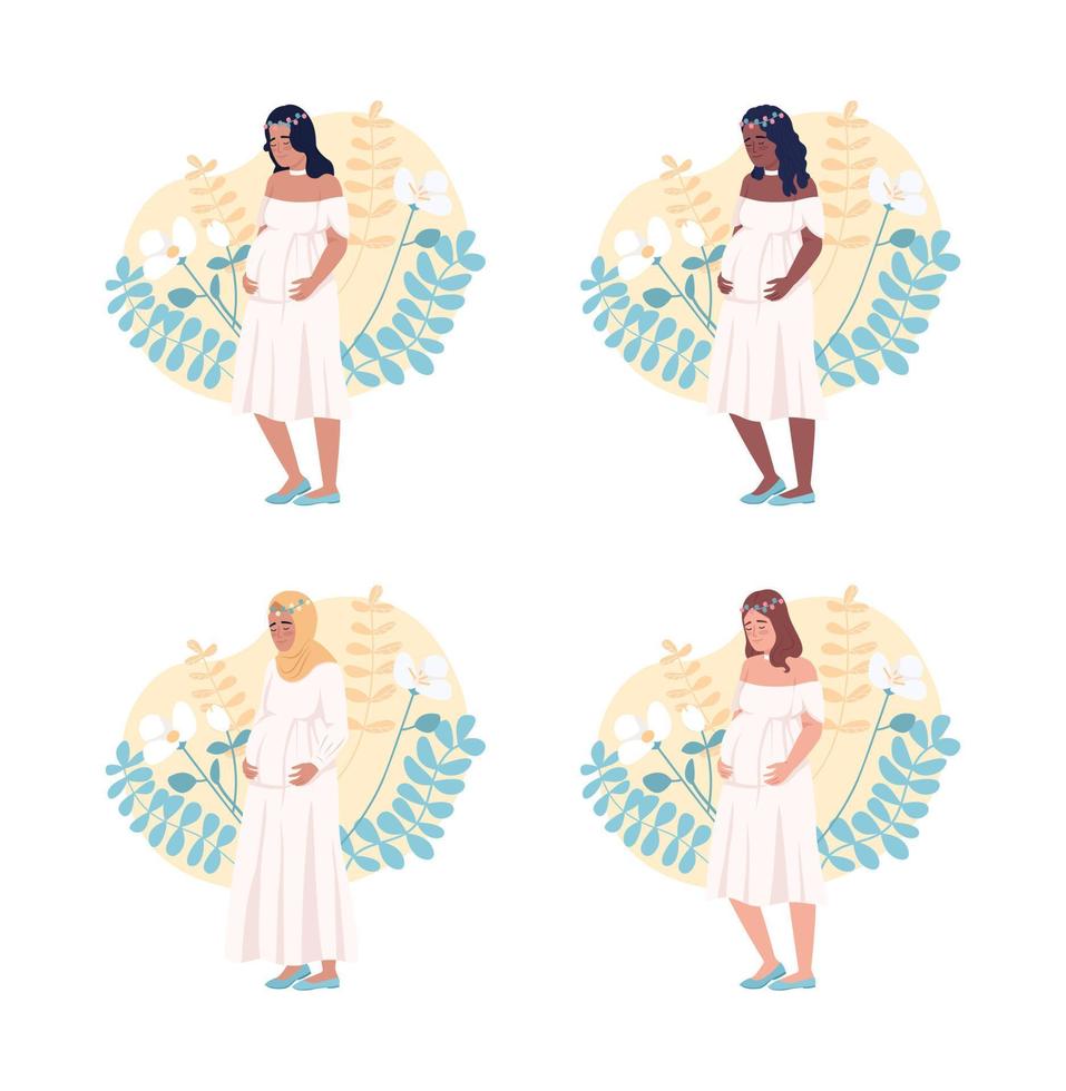 Happiness of pregnancy 2D vector isolated illustrations set. Future mothers flat characters on cartoon background. Expectation colourful editable scenes for mobile, website, presentation pack