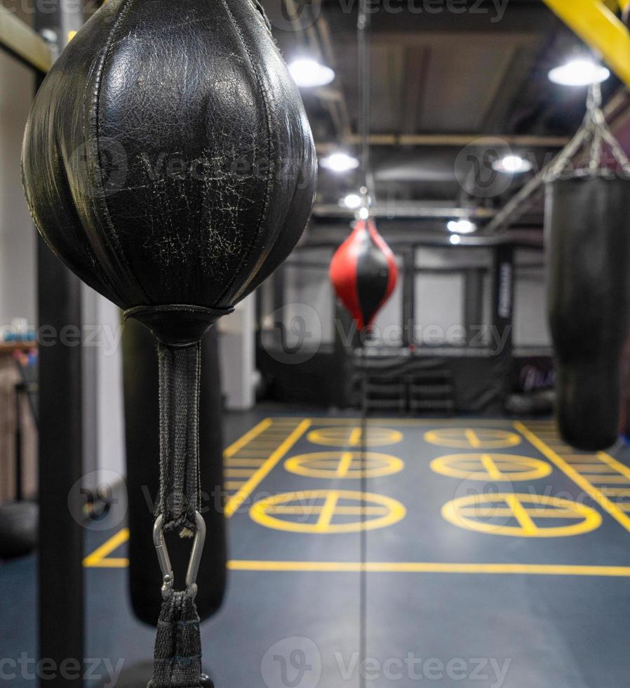 A vertical shot of boxing bags in the sports complex photo