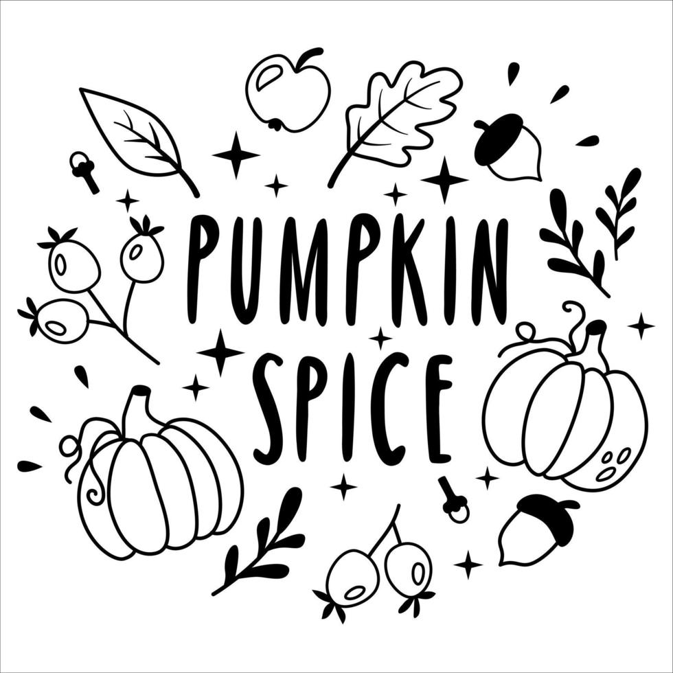 Lettering pumpkin spice. Set of autumn doodle line elements vector