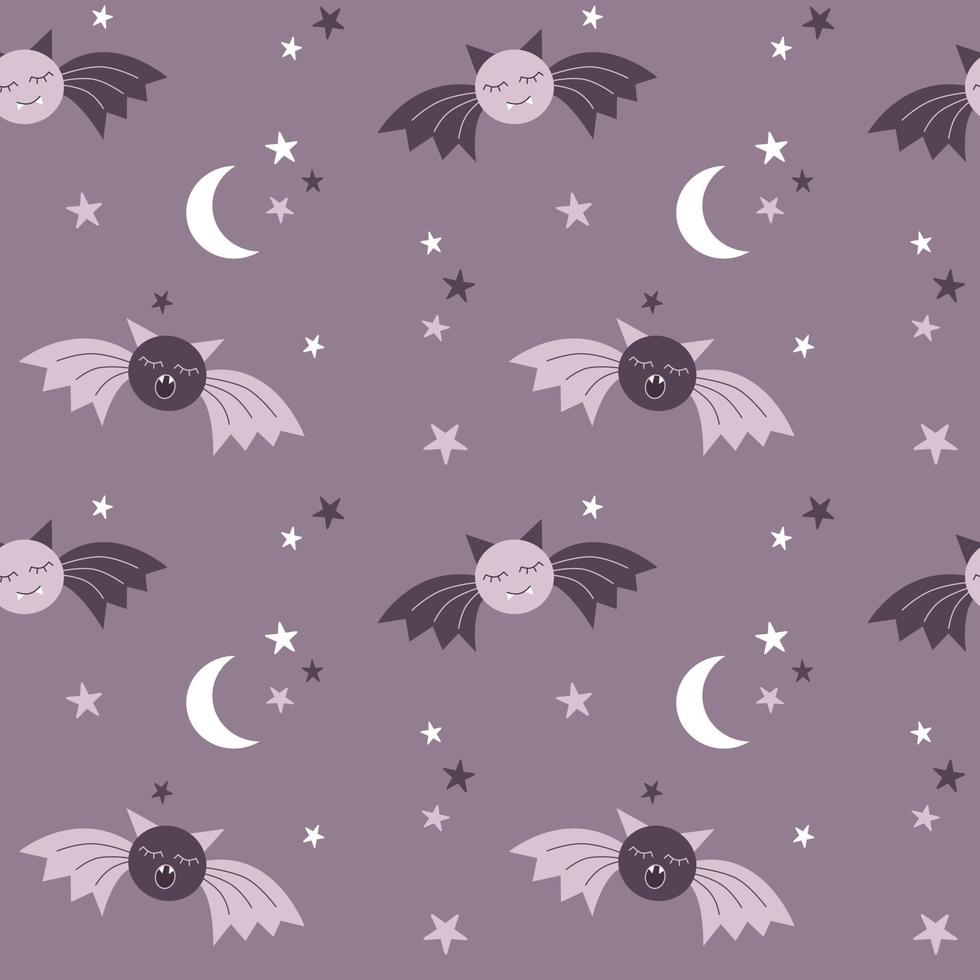 Cute bats in baby style seamless lilac pattern. Moon and stars vector