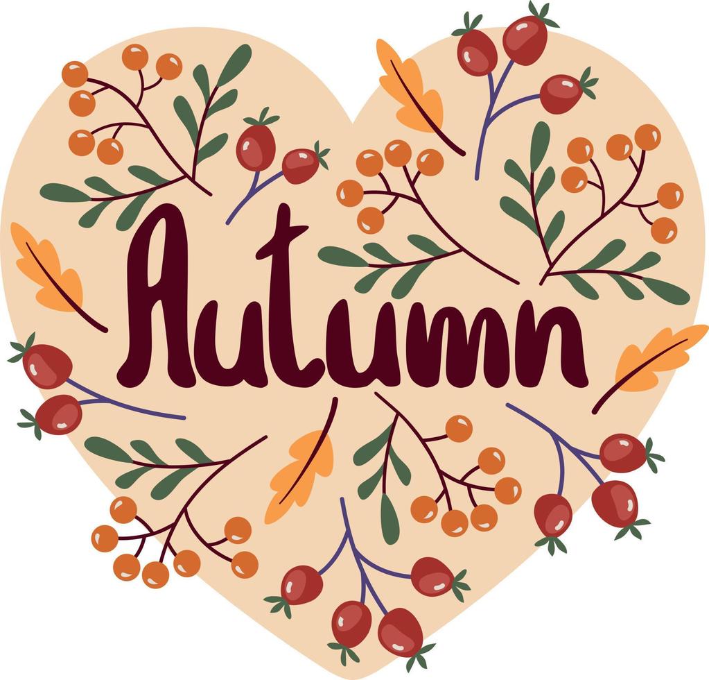 plantilla de póster con letras de otoño, postal con hojas y bayas de otoño vector
