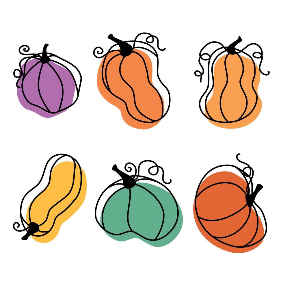 Establecer elementos de color de línea de garabato calabazas vector