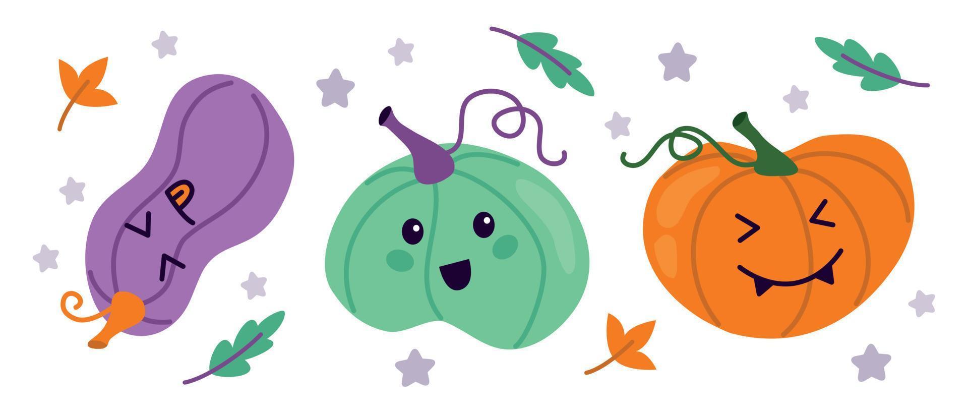 Set of cute pumpkins colored doodle vector