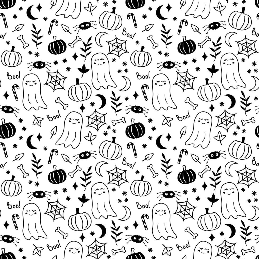 Black and white fanny halloween seamless pattern set of elements. Ghost, spiders and pumpkins vector