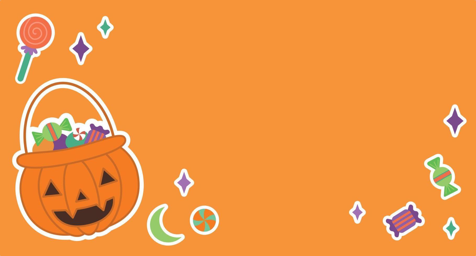 Halloween orange background. Pumpkin lantern, sweets and stars stickers. Web-site banner, greeting cards vector