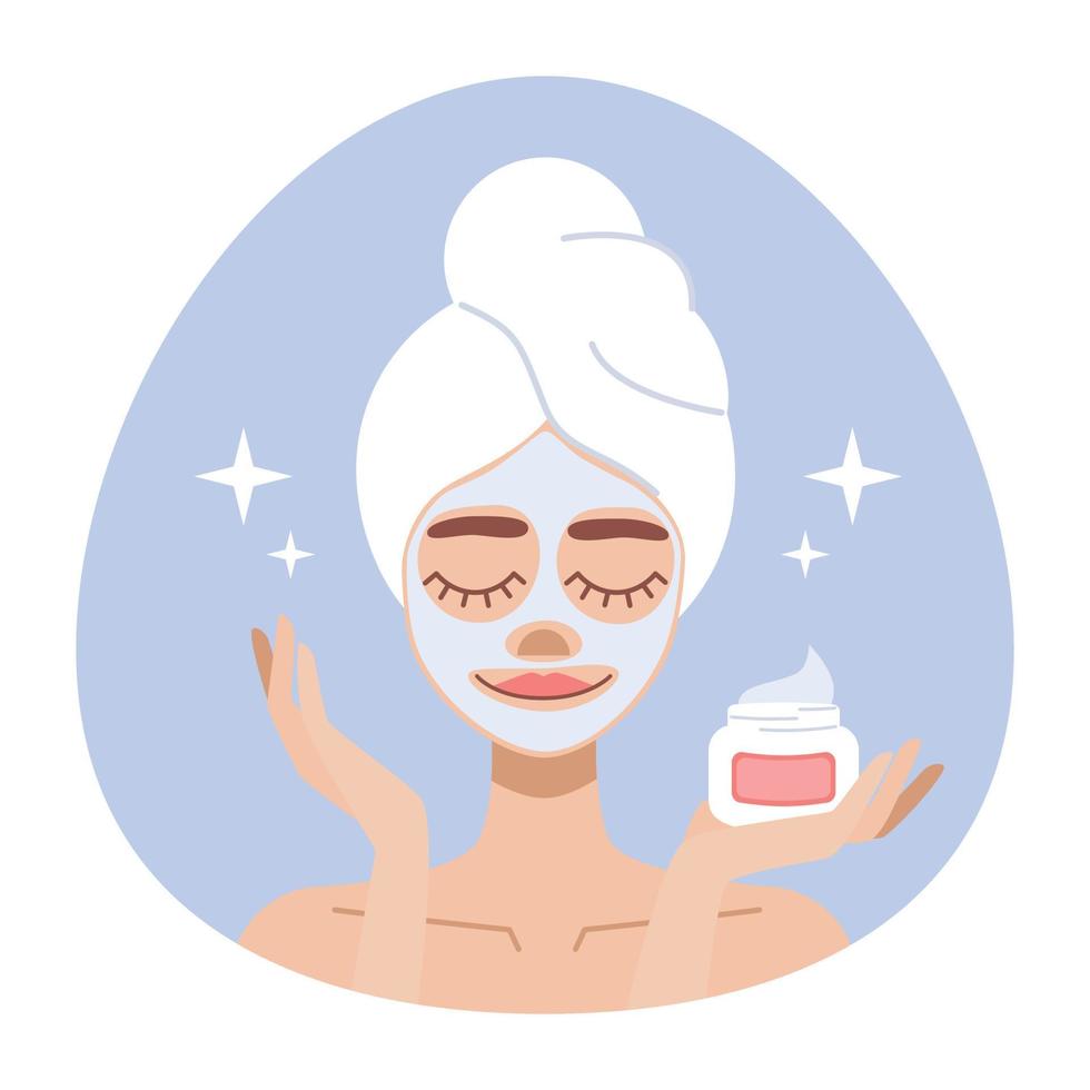 Flat illustration woman with towel on head takes care of skin, face cream and mack vector