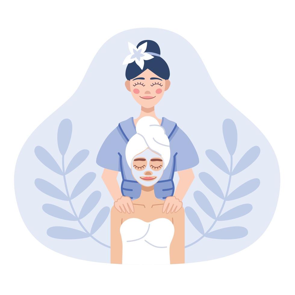 Flat illustration of spa and self care. Cosmetologist and a girl in a mask vector