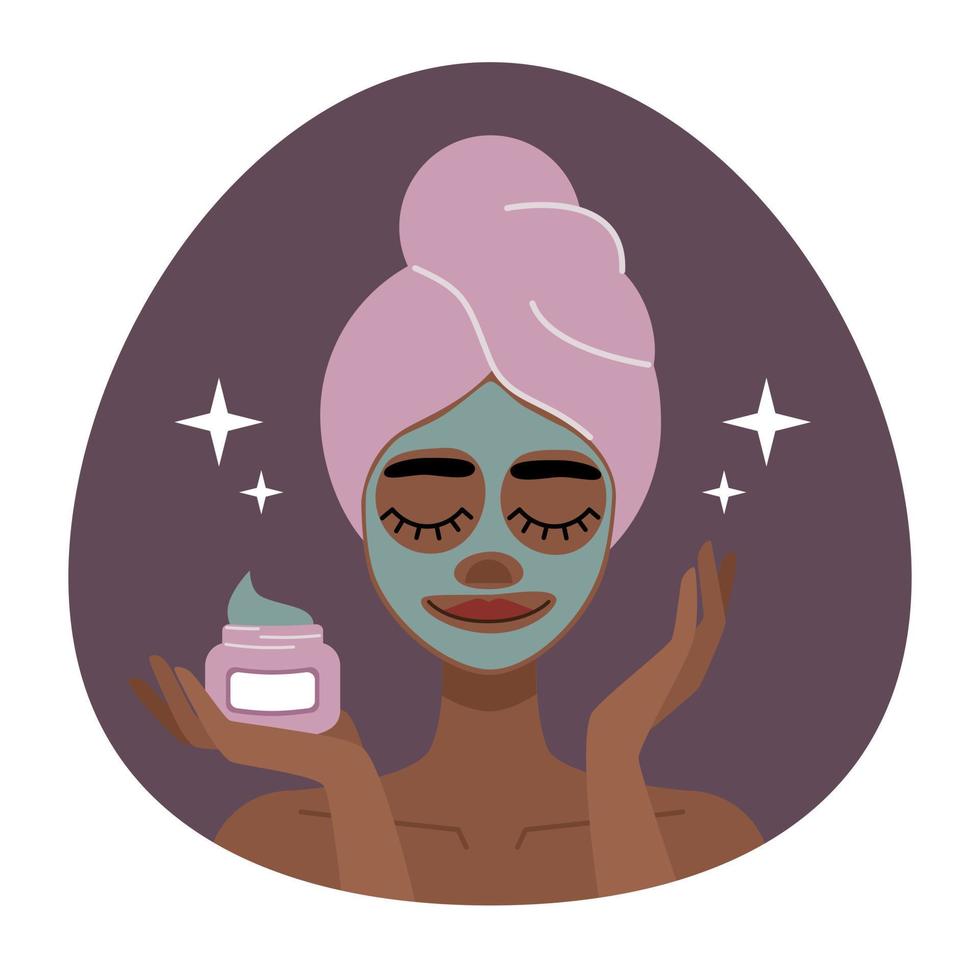 ilustración plana mujer afroamericana con toalla en la cabeza cuida la piel, crema facial y mack vector