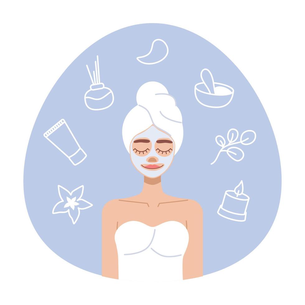 Girl with a mask on face and a towel on head. Flat illustration personal care and beauty vector