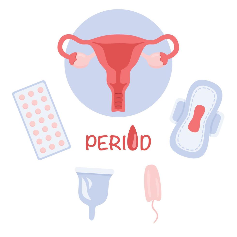 Flat illustration of uterus and feminine hygiene products. Set of elements, sanitary napkin, pad, tampon and contraceptive pills. Period lettering vector