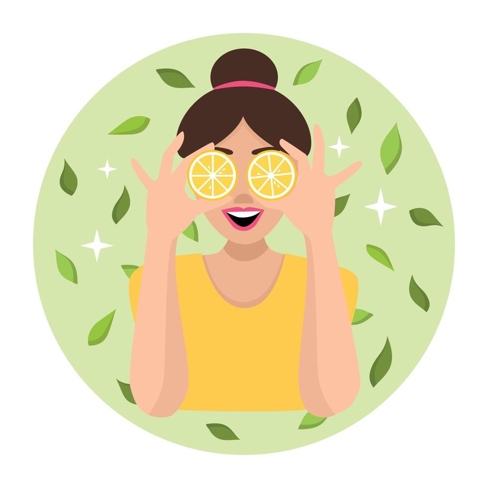 Happy girl in flat style illustration with lemons, mint and white-toothed smile vector