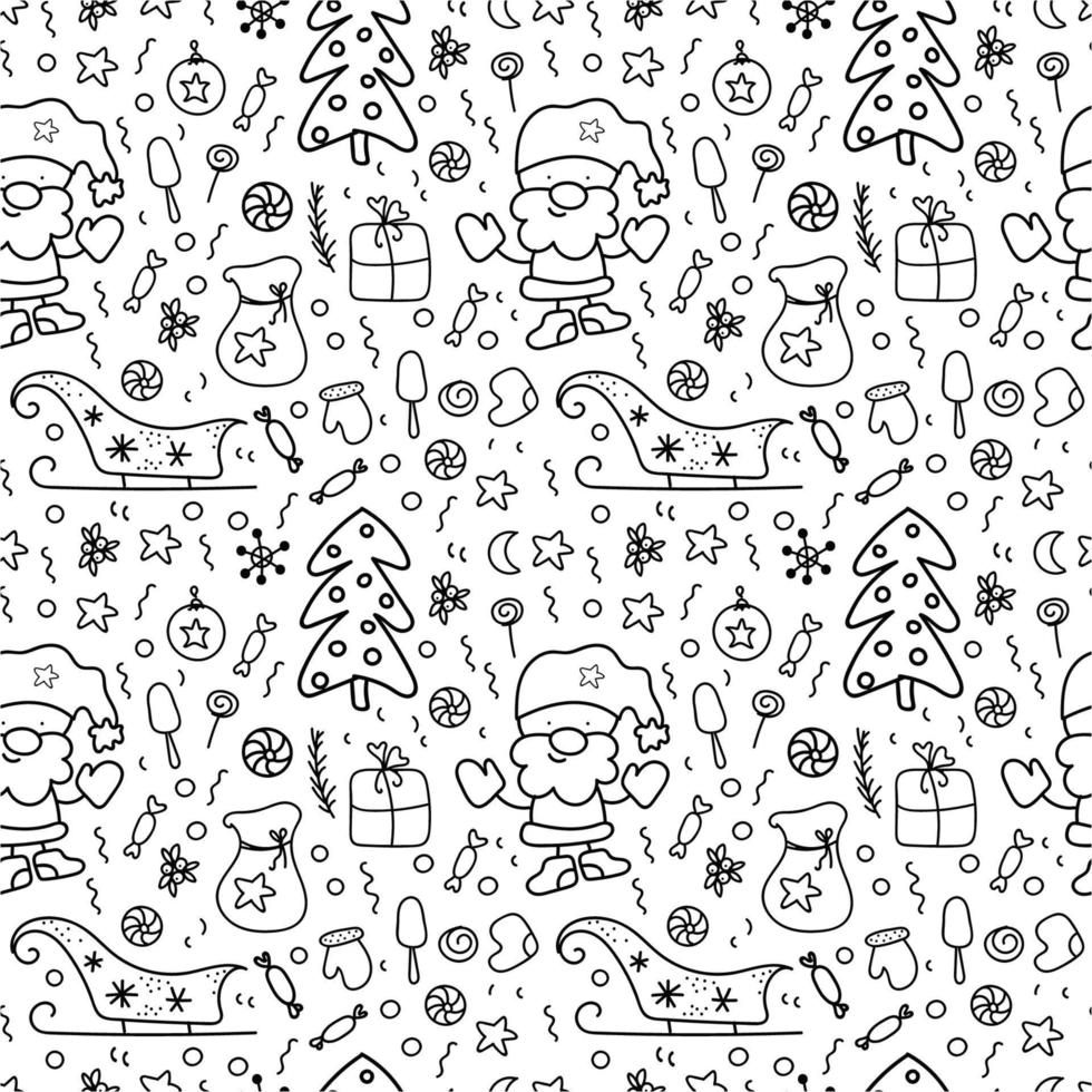 Santa, sleigh, Christmas gifts, New Year's baubles. Seamless pattern of a winter elements. Vector illustration. New Year Merry Christmas.Hand drawn doodle style.