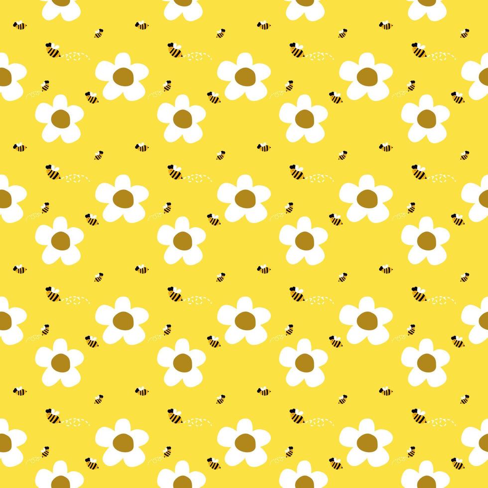 Bee and flowers  pattern on yellow background. Cute hand drawn for the Kids fabric design. vector