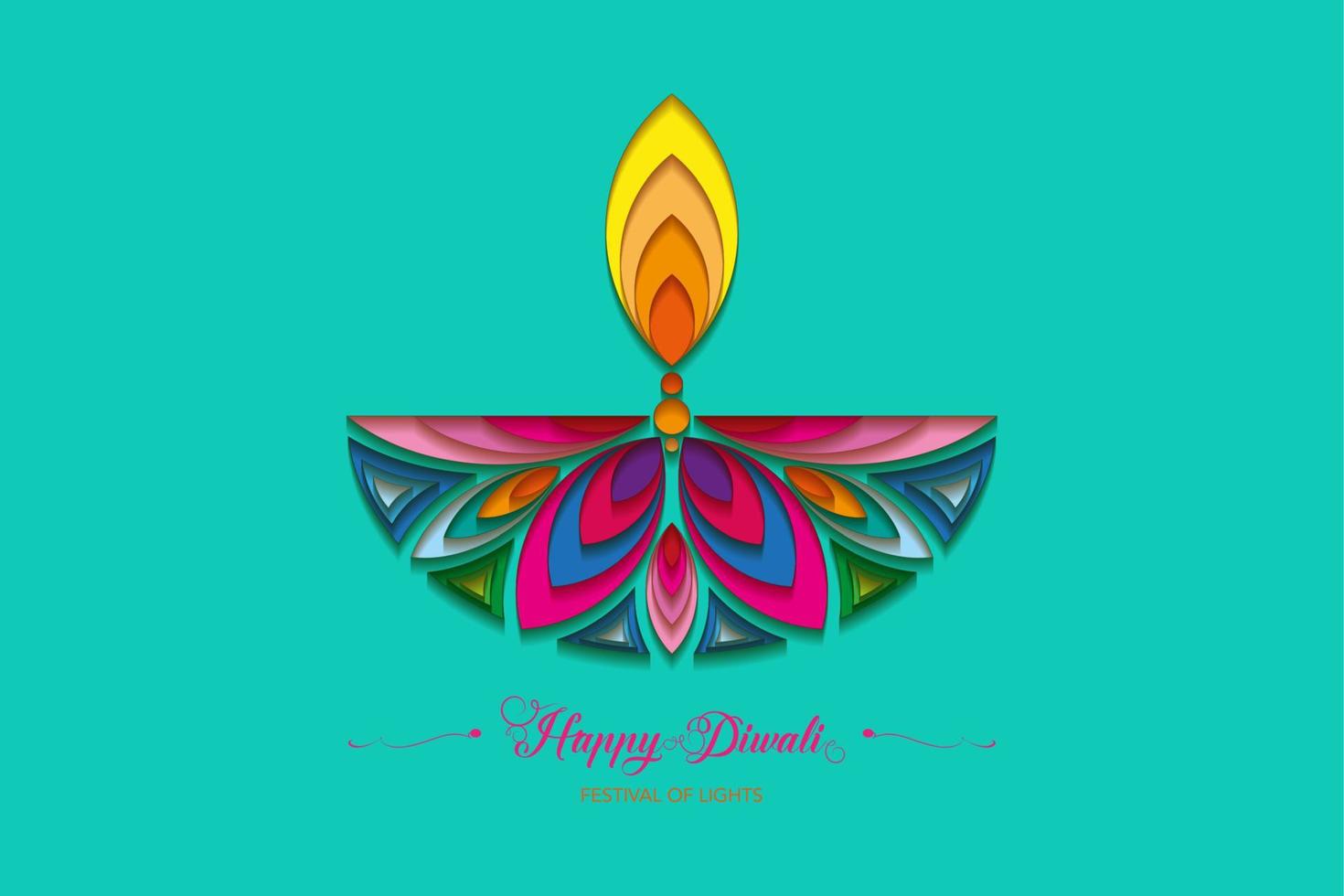 Happy Diwali Festival of Lights India Celebration colorful logo template. Graphic banner design of Indian flower Diya Oil Lamp, Modern Design in vibrant colors. Vector isolated on green background