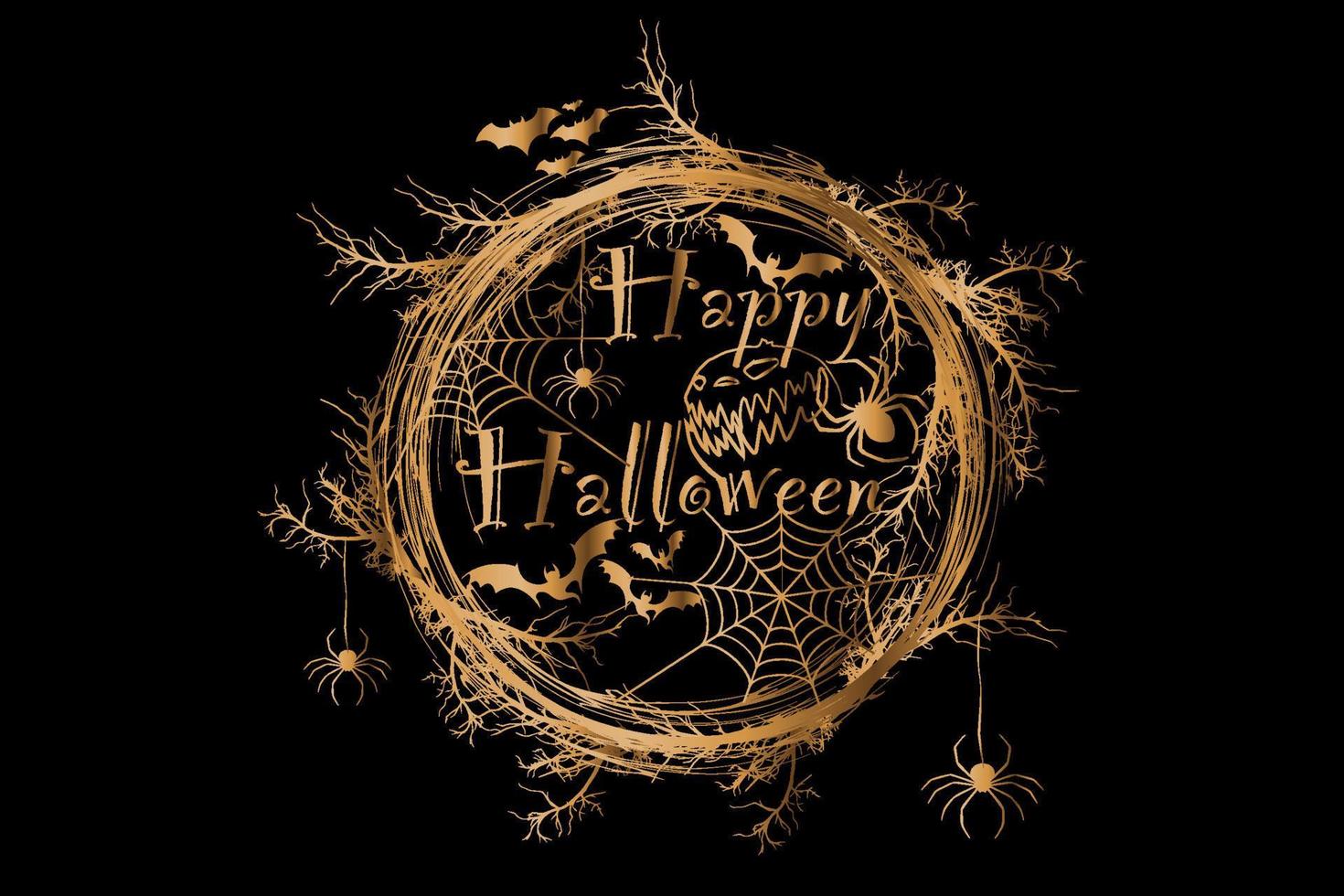 Happy Halloween Text Banner, gold horror wreath of branches, a realistic round frame border of twisted branches, golden vector illustration isolated on black background