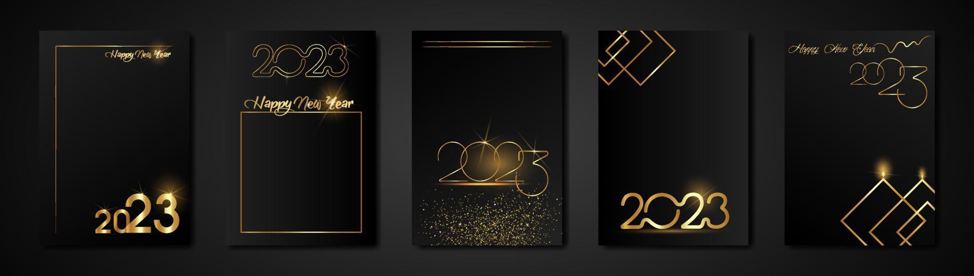 establecer tarjetas 2023 feliz año nuevo textura dorada, fondo moderno negro de lujo dorado, elementos para calendario y tarjeta de saludos o invitaciones de vacaciones de invierno con temática navideña con decoraciones geométricas vector