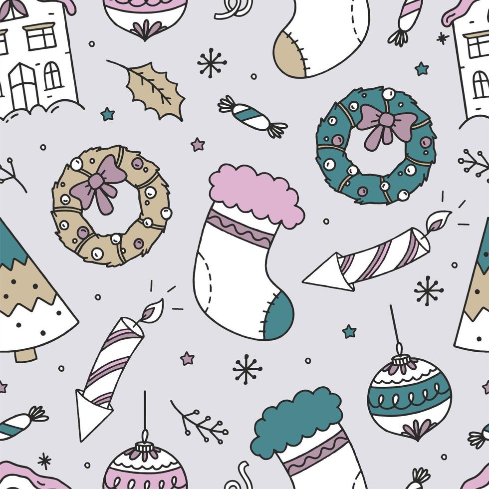 Seamless Christmas Pattern on Gray background Vector Doodle Christmas Concept