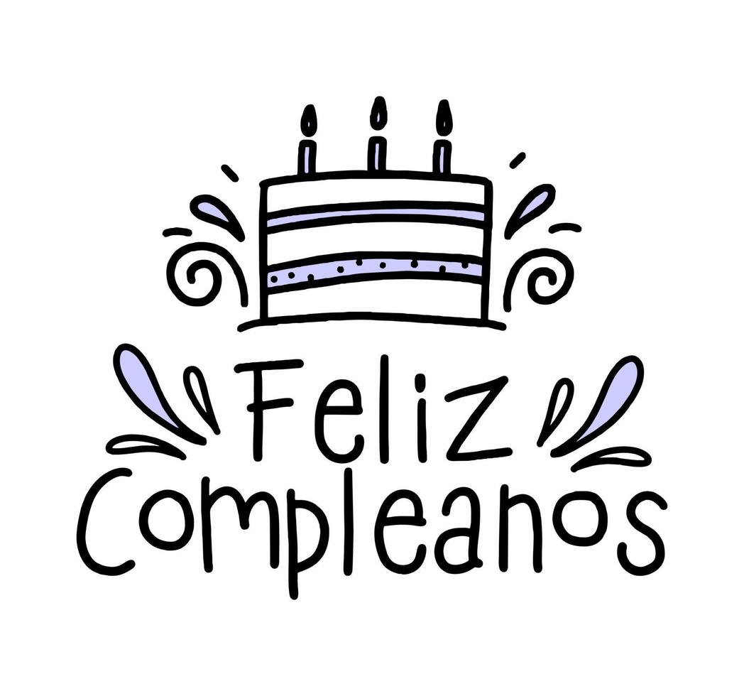 Happy birthday in Spain.  Lettering in Spanish with cake and curlicues. Vector illustration