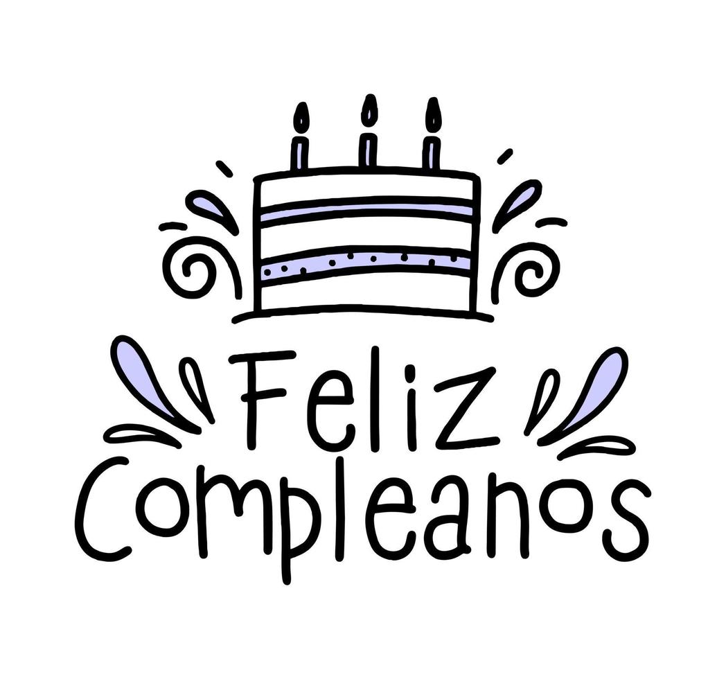 feliz cumpleaños en españa. letras en español con pastel y florituras. ilustración vectorial vector