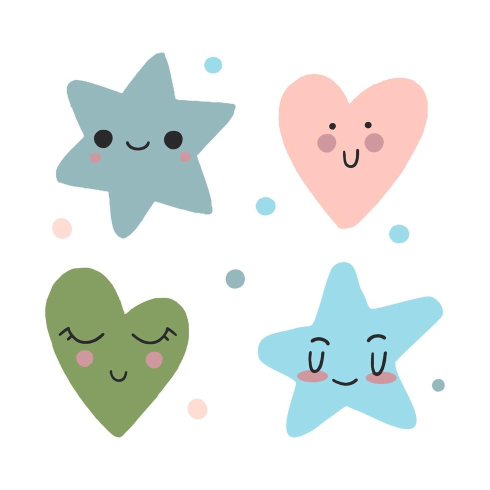 lindos corazones y estrellas con ojos kawaii. para decoración de habitaciones infantiles y fiestas. estilo moderno vectorial vector