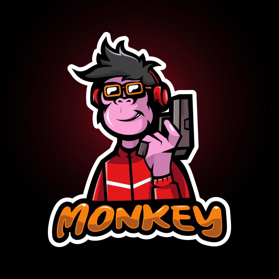 Geek Monkey Cartoon Mascot Logo. Chimpanzee Holding Gun Animal Design Illustration Vector for Gaming eSport Club Team Sport