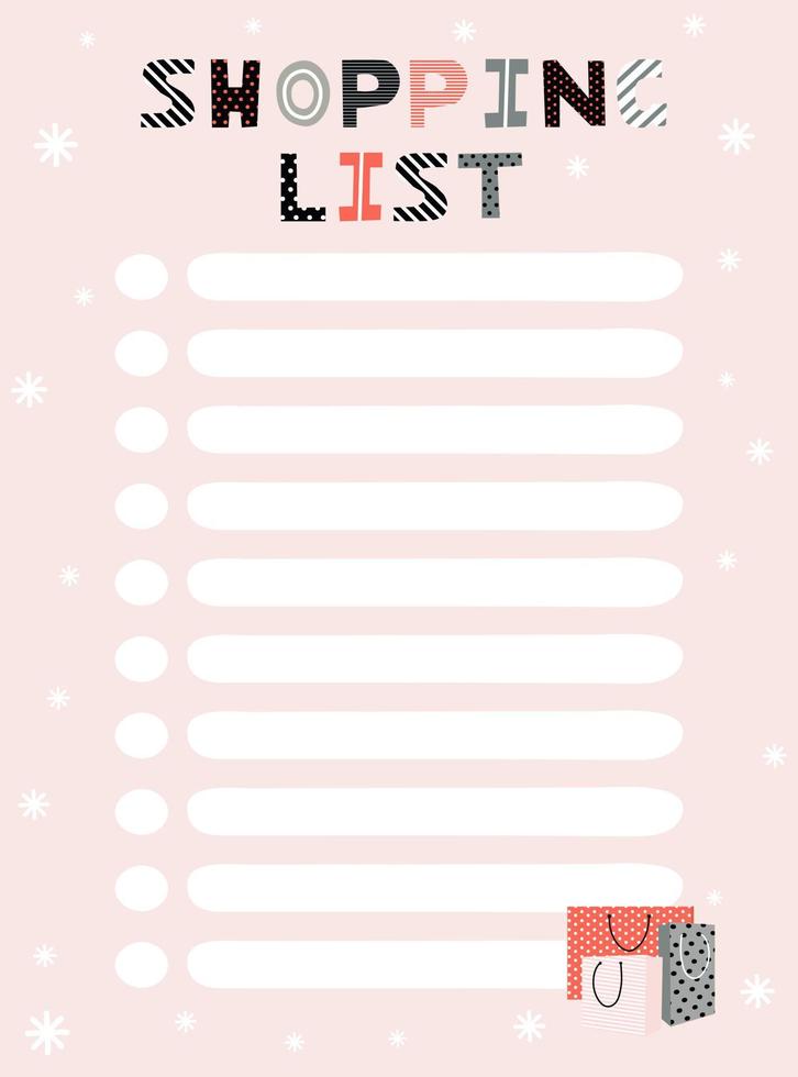 Shopping list template. Vector illustration in winter design for planner. Cute and trendy.