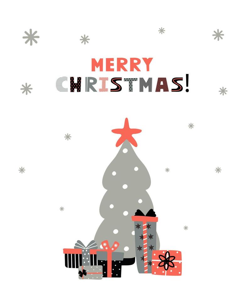 plantilla de feliz navidad con árbol y cajas de regalo. fondo para tarjetas de felicitación, postales, cartas, etiquetas, web, etc. vector