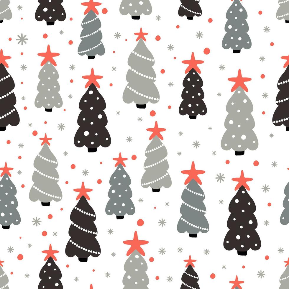 Christmas seamless pattern with spruce trees and snowflake dots on white background. Background for wallpapers, textiles, papers, gift boxes, fabrics, web pages. Vintage style. vector