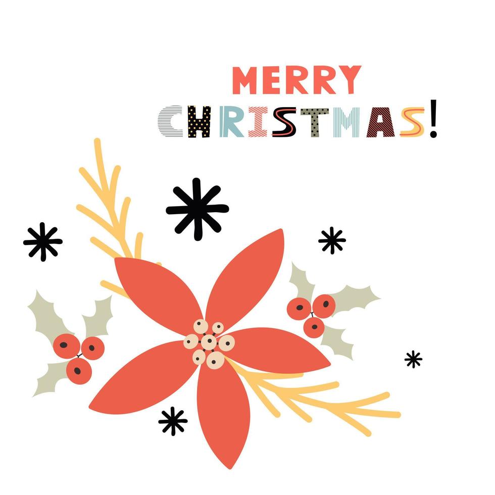 Merry Christmas template with poinsettia. Background for greeting cards, postcards, letters, labels, web, etc. vector