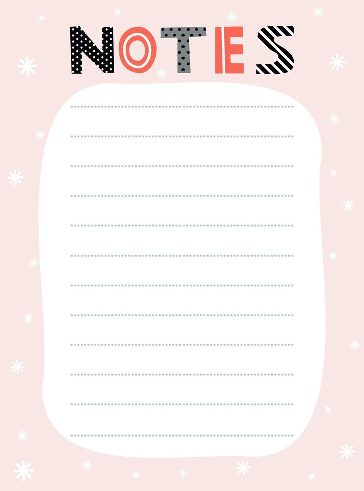 Notes list template. Vector illustration in winter design for planner. Cute and trendy.