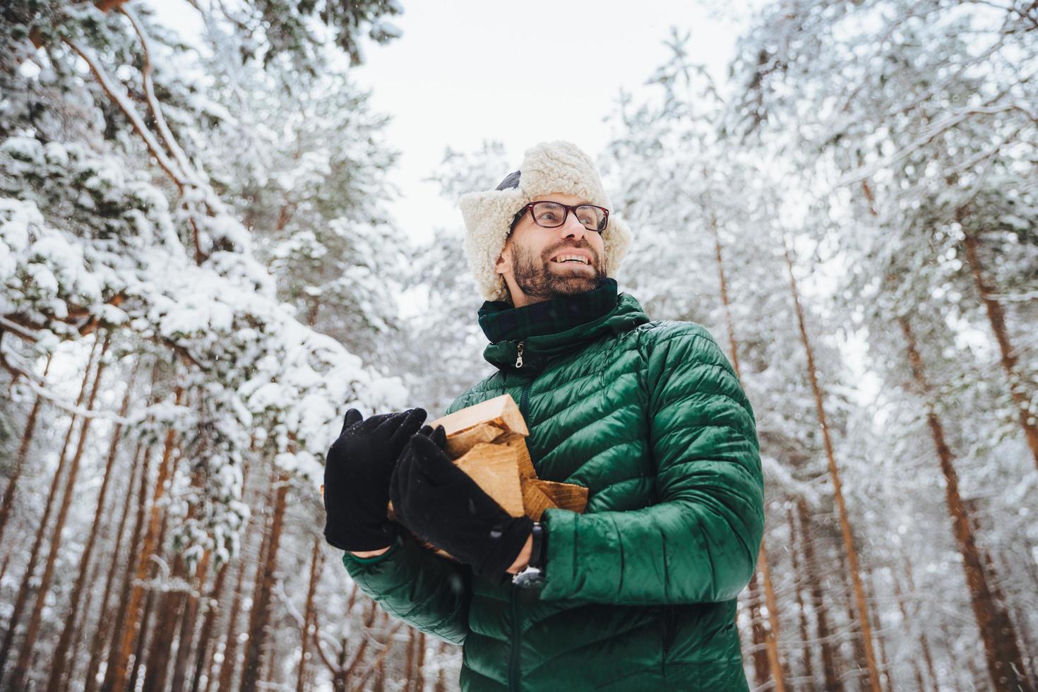 la vista desde abajo sostiene leña, mira felizmente a un lado, va a hacer fuego, se para contra hermosos árboles blancos, admira la atmósfera majestuosa en el bosque, pasa los fines de semana al aire libre. gente, concepto de invierno foto