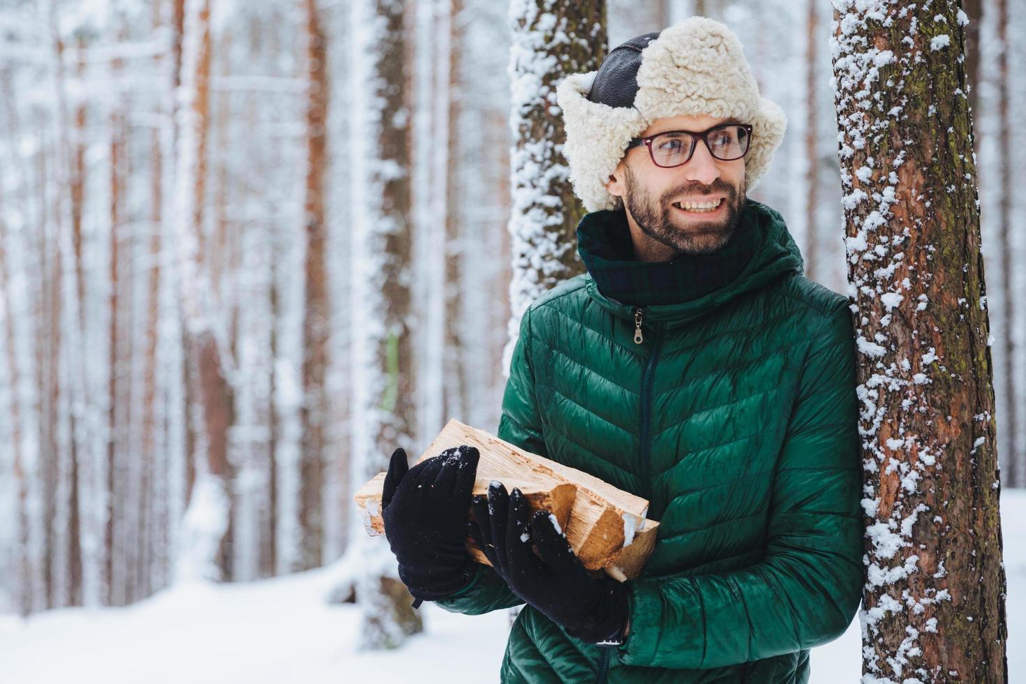 Bearded young male wears warm hat and green jacket, holds pile of firewood, looks happily aside, notices something, likes winter and frosty weather. Dreamful attractive man spends time in forest photo